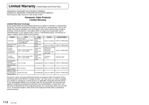 Page 11411 4LSQT142611 5LSQT1426
Carry-In, Mail-in (Prepaid) or In-Home ServiceFor Carry-In, Mail-In (prepaid) or In-HomeService (as applicable) in\
 the United States and Puerto Rico 
call toll free contact number listed above or visit Panasonic Web Site: http://www.panasonic.com
In-Home service, if applicable, requires clear, complete and easy access to the product by the 
authorized servicer and does not include removal or re-installation of a\
n installed product. It is possible 
that certain in-home repairs...