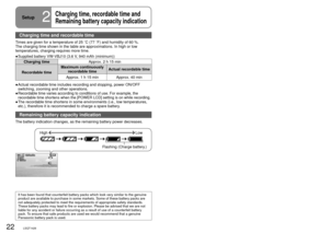 Page 2222LSQT142623LSQT1426
Setup2
Charging time, recordable time and 
Remaining battery capacity indication
Charging time and recordable time
Times are given for a temperature of 25 ˚C (77 ˚F) and humidity of 60 %. 
The charging time shown in the table are approximations. In high or low \
temperatures, charging requires more time.
Supplied battery VW-VBJ10 (3.6 V, 940 mAh (minimum))
Charging time Approx. 2 h 15 min
Recordable time Maximum continuously 
recordable time Actual recordable time
Approx. 1 h 15 min...