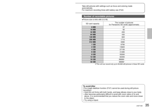 Page 3534LSQT142635LSQT142635LSQT1426
1Set to [].
2Press  and set to [AUTO].
Press  to switch the modes 
between [iA] and [AUTO].
3Take picture.Picture 
resolution
Pictures remaining 
(flashes red when zero)
Focus is aligned to object in 
center of shot.
Sound is not recorded.
Recorded still pictures are referred to as “scenes” with this unit\
.
●
●
 To remove shutter sound
  →[ADVANCED]→[SHTR 
EFFECT] →[OFF]
  To remove on-screen display
  →[SETUP]→
[DISPLAY]→[OFF]
Recording3
   Automatic Recording 
(still...