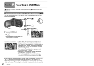 Page 4040LSQT142641LSQT142641LSQT1426
 indicates functions used with motion pictures and  functions used with 
still pictures.
Recording for posting videos on YouTube (WEB Mode) 
You can record video clips in the right file sizes for uploading to the YouTube 
video sharing website.
Recording6Recording in WEB Mode/ using the video light
1Set to [].
2Press .
3Start recording.
[] displayed
 To cancel WEB Mode
  WEB Mode is canceled when the 
unit’s power is turned off.
•
Remaining recordable timeIn WEB Mode, the...