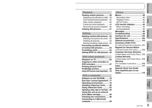 Page 98LSQT14269LSQT1426
Contents
Before using
Setup
Recording
Playback
Editing
With other products
With a 
computer
Others
Before using
PRECAUTIONS ........................... 6
Quick guide ............................... 10
Accessories .............................. 14
Parts identification and 
handling ..................................... 14
Using the hand strap 
(supplied) ................................. 16
Using the LCD monitor ............. 17
How to use the lens cover open 
lever...