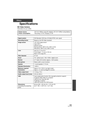 Page 103103LSQT1562
Others
Specifications
SD Video Camera
Information for your safetyPower source:
Power consumption: DC 5.0 V (When using AC adaptor), DC 3.6 V (When using battery)
Recording: 3.0 W, Charging: 4.5 W
Signal system
EIA Standard: 525 lines, 60 fields NTSC color signal
Recording formatBased on the SD-Video standard
Image sensor1/8z CCD image sensor
Total: 800 K
Effective pixels:
Moving picture: 290 K (4:3), 380 K (16:9)
Still picture: 290 K (4:3), 380 K (16:9)
LensAuto Iris, F1.9 to F5.7
Focal...