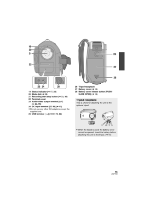 Page 1515LSQT1562
19 Status indicator (l17, 24)
20 Mode dial ( l24)
21 Recording start/stop button ( l33, 36)
22 Terminal cover
23 Audio-video output terminal [A/V]  (l64, 73)
24 DC input terminal [DC IN] ( l17)
≥ Do not use any other AC adaptors except the 
supplied one.
25 USB terminal [ ] ( l67, 74, 82) 26 Tripod receptacle
27 Battery cover (
l16)
28 Battery cover release button [PUSH/ SLIDE OPEN] ( l16)
24 25
23
20
19
22 21
Tripod receptacle
This is a hole for attaching the unit to the 
optional tripod.
≥...