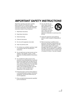 Page 55LSQT1562
IMPORTANT SAFETY INSTRUCTIONS
Read these operating instructions carefully 
before using the unit. Follow the safety 
instructions on the unit and the applicable safety 
instructions listed below. Keep these operating 
instructions handy for future reference.
1) Read these instructions.
2) Keep these instructions.
3) Heed all warnings.
4) Follow all instructions.
5) Do not use this apparatus near water.
6) Clean only with dry cloth.
7) Do not block any ventilation openings. Install in accordance...