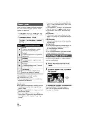 Page 5050LSQT1562
When you record images in different situations, 
this mode automatically sets optimum shutter 
speeds and apertures.
1Select the manual mode. (l49)
2Select the menu. ( l25)
To cancel the scene mode function
Set [SCENE MODE] to [OFF].
≥You can also cancel the scene mode function 
by pressing the iA button.
Sports mode
≥For slow-motion playback or playback pause of 
recorded pictures, this mode helps diminish 
camera shake.
≥ During normal playback, the image movement 
may not look smooth.
≥...