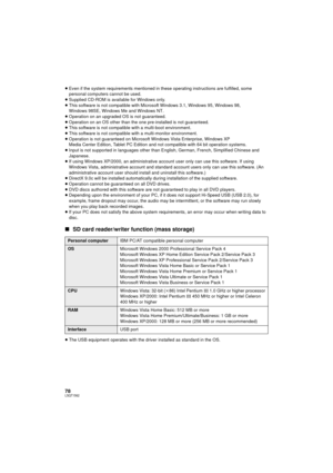 Page 7878LSQT1562
≥Even if the system requirements mentioned in t hese operating instructions are fulfilled, some 
personal computers cannot be used.
≥ Supplied CD-ROM is available for Windows only.
≥ This software is not compatible with Microsoft Windows 3.1, Windows 95, Windows 98, 
Windows 98SE, Windows Me and Windows NT.
≥ Operation on an upgraded OS is not guaranteed.
≥ Operation on an OS other than the  one pre-installed is not guaranteed.
≥ This software is not compatib le with a multi-boot environment....