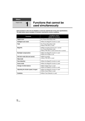 Page 9292LSQT1562
Others
Helpful hints
1
Functions that cannot be 
used simultaneously
Some functions in this unit are disabled or cannot be selected due to the unit’s specifications. 
The table below shows examples of functions restricted by various conditions.
FunctionsConditions which
disable the functions
Digital zoom ≥In Picture Recording mode
Intelligent auto mode ≥When the MagicPix function is used
Fade ≥In Picture Recording mode
≥ When PRE-REC is used
MagicPix ≥While recording (Cannot set or cancel)
≥...