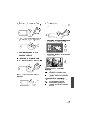 Page 11511 5LSQT1488
∫Grabación de imágenes fijas
≥Gire el selector de modo para seleccionar  .
1 Pulse el botón de inicio/detención de la 
grabación para empezar la grabación.
2 Pulse de nuevo el botón de inicio/
detención de la grabación para 
interrumpir la grabación.
∫Grabación de imágenes fijas
≥Gire el selector de modo para seleccionar  .
Pulse el botón de inicio/detención de la 
grabación.
∫Reproducción
≥Gire el selector de modo para seleccionar   
o .
1 Seleccione la escena/fichero a reproducir 
y, a...