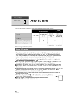 Page 2020LSQT1488
Preparation
Before using
3
About SD cards
This unit can be used for recording motion pictures and still pictures to an SD card.
* Cannot be guaranteed in operation.
≥Please confirm the latest information on the following website. (This website is in English only.)
http://panasonic.jp/support/global/cs/e_cam
≥This unit supports SD Memory Cards formatted in FAT12 system and FAT16 system based on SD 
Memory Card Specifications and SDHC Memory Cards formatted in FAT32 system.
≥If you wish to use...