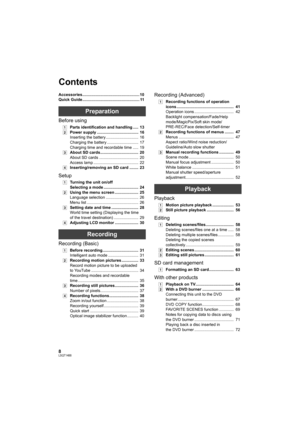 Page 88LSQT1488
Accessories................................................... 10
Quick Guide................................................... 11
Preparation
Before using
[1]Parts identification and handling .....  13
[2]Power supply .....................................  16
Inserting the battery .............................  16
Charging the battery ............................  17
Charging time and recordable time .....  19
[3]About SD cards..................................  20
About SD cards...