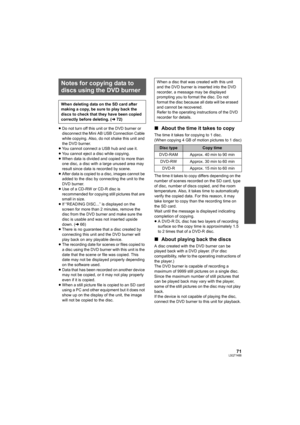 Page 7171LSQT1488
≥Do not turn off this unit or the DVD burner or 
disconnect the Mini AB USB Connection Cable 
while copying. Also, do not shake this unit and 
the DVD burner.
≥You cannot connect a USB hub and use it.
≥You cannot eject a disc while copying.
≥When data is divided and copied to more than 
one disc, a disc with a large unused area may 
result since data is recorded by scene.
≥After data is copied to a disc, images cannot be 
added to the disc by connecting the unit to the 
DVD burner.
≥Use of a...