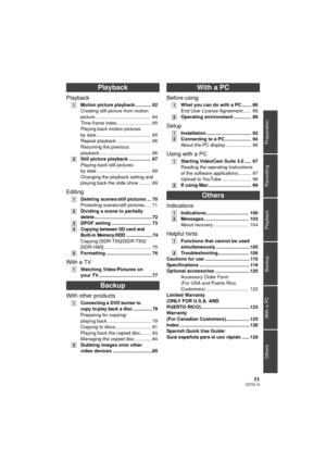 Page 1111VQT2L14
Preparation
Recording
Playback
Backup
With a PC
Others
Playback
Playback
[1] Motion picture playback ............ 62
Creating still picture from motion 
picture .......................................... 64
Time frame index ......................... 65
Playing back motion pictures 
by date ......................................... 65
Repeat playback .......................... 66
Resuming the previous 
playback ....................................... 66
[2] Still picture playback...