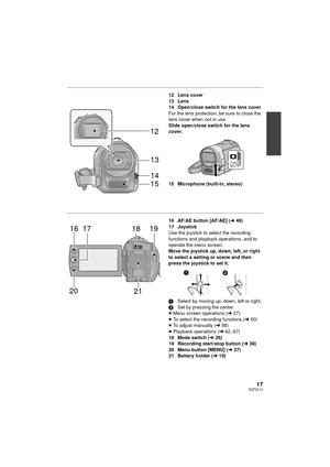 Page 1717VQT2L14
12 Lens cover
13 Lens
14 Open/close switch for the lens cover
For the lens protection, be sure to close the 
lens cover when not in use.
Slide open/close switch for the lens 
cover.
15 Microphone (built-in, stereo)
16 AF/AE button [AF/AE] (l49)
17 Joystick
Use the joystick to select the recording 
functions and playback operations, and to 
operate the menu screen.
Move the joystick up, down, left, or right 
to select a setting or scene and then 
press the joystick to set it.
1 Select by moving...