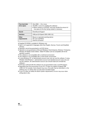 Page 9090VQT2L14
≥Supplied CD-ROM is available for Windows only.
≥ Input is not supported in languages other than English, German, French and Simplified 
Chinese.
≥ Operation cannot be guaranteed on all DVD drives.
≥ Operation is not guaranteed on Microsoft Windows Vista Enterprise, 
Windows 7 Enterprise, 
Windows XP Media Center Editi on, Tablet PC Edition and not compatible with 64 bit 
operation systems.
≥ This software is not compatible with a multi-boot environment.
≥ This software is not compatible with a...
