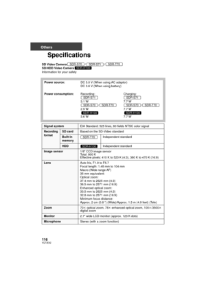 Page 116116VQT3E42
Others
Specifications
SD Video Camera//
SD/HDD Video Camera
Information for your safety
Power source: DC 5.0 V (When using AC adaptor)
DC 3.6 V (When using battery)
Power consumption: Recording:
3.1 W
/
2.9 W
3.6 W Charging:
7.7 W
/
7.7 W
7.7 WSDR-S70SDR-S71SDR-T70SDR-H100
SDR-S71
SDR-S70SDR-T70
SDR-H100
SDR-S71
SDR-S70SDR-T70
SDR-H100
Signal system EIA Standard: 525 lines, 60 fields NTSC color signal
Recording 
formatSD cardBased on the SD-Video standard
Built-in 
memory Independent standard...