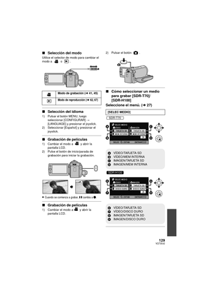 Page 129129VQT3E42
∫Selección del modo
Utilice el selector de modo para cambiar el 
modo a  o .
∫Selección del idioma
1) Pulsar el botón MENU, luego 
seleccionar [CONFIGURAR] #  
[LANGUAGE] y presionar el joystick.
2) Seleccionar [Español] y presionar el 
joystick.
∫Grabación de películas
1) Cambiar el modo a   y abrir la 
pantalla LCD.
2) Pulse el botón de inicio/parada de  grabación para iniciar la grabación.
≥
Cuando se comienza a grabar, ; cambia a ¥.
∫ Grabación de películas
1) Cambiar el modo a  y abrir la...