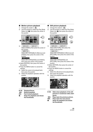 Page 1515VQT3E42
∫Motion picture playback
1) Change the mode to  .
2) Use the joystick to select the Play Mode 
Select icon  A, then press the center of 
the joystick.
3) /
Select [VIDEO], then press the center of 
the joystick.
Select [SD CARD]/[Built-inMemory] and 
[VIDEO], then press the center of the 
joystick.
Select [SD CARD]/[HDD] and [VIDEO], 
then press the center of the joystick.
≥ Select [ENTER], then press the center of 
the joystick.
≥ Press the MENU button to cancel the 
settings.
4) Select the...