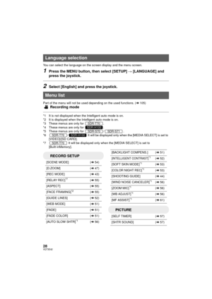 Page 2828VQT3E42
You can select the language on the screen display and the menu screen.
1Press the MENU button, then select [SETUP] # [LANGUAGE] and 
press the joystick.
2Select [English] and press the joystick.
Part of the menu will not be used d epending on the used functions. (l 105)
Recording mode
*1 It is not displayed when the Intelligent auto mode is on.
*2 It is displayed when the Intelligent auto mode is on.
*3 These menus are only for  .
*4 These menus are only for  .
*5 These menus are only for  / ....