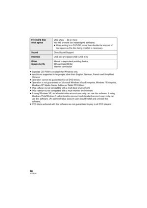 Page 9090VQT3E42
≥Supplied CD-ROM is available for Windows only.
≥ Input is not supported in languages other than English, German, French and Simplified 
Chinese.
≥ Operation cannot be guaranteed on all DVD drives.
≥ Operation is not guaranteed on Microsoft Windows Vista Enterprise, 
Windows 7 Enterprise, 
Windows XP Media Center Editi on or Tablet PC Edition.
≥ This software is not compatible with a multi-boot environment.
≥ This software is not compatible with a multi-monitor environment.
≥ If using Windows...
