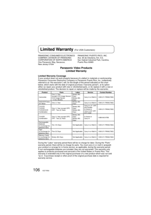 Page 106106VQT1R00
Limited Warranty (For USA Customers)
PANASONIC CONSUMER ELECTRONICS 
COMPANY, DIVISION OF PANASONIC 
CORPORATION OF NORTH AMERICA
One Panasonic Way, Secaucus, 
New Jersey 07094PANASONIC PUERTO RICO, INC.
Ave. 65 de Infantería, Km. 9.5, 
San Gabriel Industrial Park, Carolina, 
Puerto Rico 00985
Panasonic Video Products
Limited Warranty
Limited Warranty CoverageIf your product does not work properly because of a defect in materials or workmanship, 
Panasonic Consumer Electronics Company or...