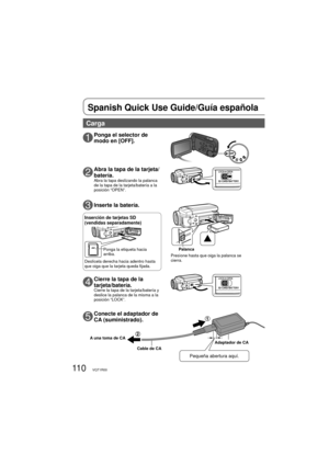 Page 11011 0VQT1R00
Spanish Quick Use Guide/Guía española 
2Abra la tapa de la tarjeta/
batería.
Abra la tapa deslizando la palanca 
de la tapa de la tarjeta/batería a la 
posición “OPEN”.
3Inserte la batería.
4Cierre la tapa de la 
tarjeta/batería.
Cierre la tapa de la tarjeta/batería y 
deslice la palanca de la misma a la 
posición “LOCK”.
1Ponga el selector de 
modo en [OFF].
5Conecte el adaptador de 
CA (suministrado).
A una toma de CA
Pequeña abertura aquí.
Adaptador de CA
Cable de CA
Carga
Presìone hasta...