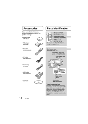 Page 1414VQT1R00
Accessories
Make sure all of the following 
accessories were included in the 
product package.
•  Battery pack
  VW-VBJ10
•  AC adaptor
  VSK0694
•  AC cable
  K2CA2CA00025
•  AV cable
  K2KZ9CB00002
•  Hand strap
  VFC4308
• USB cable
  K2KZ4CB00011
• CD-ROM
Audio-video output 
terminal [A/V] (P.60, 61)
USB terminal 
[
] (P.62, 65, 76) DC input terminal 
[DC IN 5.0 V] (P.21)
Battery slot 
[BATTERY] (P.20)Card slot
 [SD CARD] 
(P.23) Card access lamp 
[ACCESS] (P.23, 31)
Card/battery door lever...