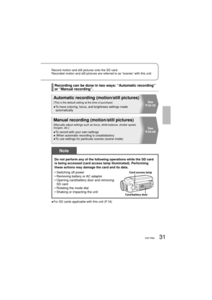 Page 3131VQT1R0031VQT1R00
Record motion and still pictures onto the SD card.
Recorded motion and still pictures are referred to as “scenes” with this unit.
Do not perform any of the following operations while the SD card 
is being accessed (card access lamp illuminated). Performing 
these actions may damage the card and its data.
• Switching off power
• Removing battery or AC adaptor
•  Opening card/battery door and removing 
SD card
•  Rotating the mode dial
•  Shaking or impacting the unit
Card access lamp...