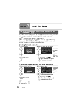 Page 5050VQT1R00
Recording7Useful functions
  Recording dates and times at travel destinations (set 
world time)  
By setting your travel destination, the time difference is automatically calculated 
and displayed accordingly. Time settings (P.28) must be made first.
  →[BASIC]→[SET WORLD TIME]→[YES]
When making the setting the very first time, press the center of the cursor 
buttons after [SET HOME LOCATION.] appears on the LCD monitor and 
proceed to step 
 in “Setting home city and region”.
Setting home city...