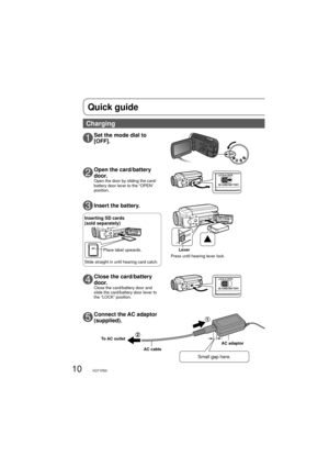 Page 1010VQT1R00
Quick guide
2Open the card/battery 
door.
Open the door by sliding the card/
battery door lever to the “OPEN” 
position.
3Insert the battery.
4Close the card/battery 
door.
Close the card/battery door and 
slide the card/battery door lever to 
the “LOCK” position.
1Set the mode dial to 
[OFF].
5Connect the AC adaptor 
(supplied).
To AC outlet
Small gap here.
AC adaptor
AC cable
Charging
Press until hearing lever lock.Lever
Inserting SD cards 
(sold separately)
Place label upwards.
Slide...