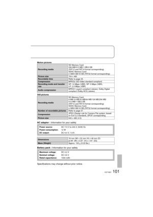Page 101101VQT1M21
Motion pictures
Recording mediaSD Memory Card:
256 MB/512 MB/1 GB/2 GB 
(FAT12 and FAT16 format corresponding)
SDHC Memory Card:
4 GB/8 GB/16 GB (FAT32 format corresponding)
Picture size704 x 480
Recordable timeRefer to page 35.
CompressionMPEG2 (SD-Video standard compliant)
Recording mode and transfer 
rateXP: 10 Mbps (VBR), SP: 5 Mbps (VBR), 
LP: 2.5 Mbps (VBR)
Audio compressionMPEG1-Layer2 compliant (stereo), Dolby Digital 
compliant (Dolby AC3) (stereo)
Still pictures
Recording mediaSD...