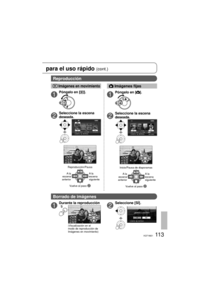 Page 11311 3VQT1M21
para el uso rápido (cont.) 
1Póngalo en [].
2
Seleccione la escena 
deseada.
Inicio/Pausa de diaporamas
Vuelve al paso 
2
A la 
escena 
siguiente A l a  
escena 
anterior
 Imágenes en movimiento Imágenes fijas
Reproducción
Borrado de imágenes
1Póngalo en [].
2
Seleccione la escena 
deseada.
Reproducción/Pausa
Vuelve al paso 
2
A la 
escena 
siguienteA la 
escena 
anterior
1
Durante la reproducción
(Visualización en el 
modo de reproducción de 
Imágenes en movimiento)
2
Seleccione [SÍ]. 