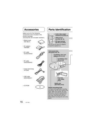 Page 1616VQT1M21
Accessories
Make sure all of the following 
accessories were included in the 
product package.
(Accessories are not water-resistant.)
•  Battery pack
  VW-VBJ10
•  AC adaptor
  VSK0694
•  AC cable
  K2CA2CA00025
•  AV cable
  K2KZ9CB00002
•  2-way hand strap
  VFC4295
• USB cable
  K2KZ4CB00011
• CD-ROM
Audio-video output 
terminal [A/V] (P.60, 61)
USB terminal 
[
] (P.62, 65, 76)
DC input terminal 
[DC IN 5.0 V] (P.23)
Battery slot 
[BATTERY] (P.22)Card slot
 [SD CARD] 
(P.25) Card access lamp...