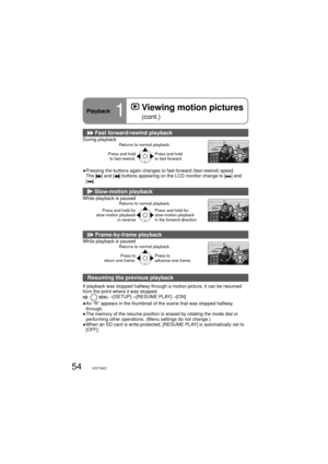 Page 5454VQT1M21
Playback1
  Viewing motion pictures 
(cont.)
 Fast forward/rewind playback
During playbackReturns to normal playback.
Press and hold 
to fast-rewind.Press and hold 
to fast-forward.
●  Pressing the buttons again changes to fast-forward (fast-rewind) speed.
The [] and [] buttons appearing on the LCD monitor change to [] and 
[].
 Slow-motion playback
While playback is paused Returns to normal playback.
Press and hold for 
slow-motion playback 
in reversePress and hold for 
slow-motion playback...