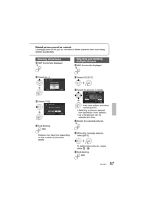 Page 5757VQT1M2157VQT1M21
Deleting all pictures
  With thumbnails displayed
  Select [ALL].
  Select [YES].
  End deleting.
     Deletion may take time depending 
on the number of pictures to 
delete.
Selecting and deleting 
multiple pictures
  With thumbnails displayed
  Select [SELECT].
  Select the pictures to delete.
A red frame appears around the 
selected pictures.
    •  Selecting a picture a second 
time deselects it from deletion.
    •  Up to 50 pictures can be 
selected at a time.
  Delete the...