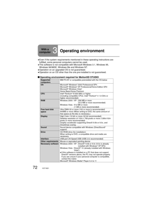 Page 7272VQT1M21
With a 
computer
3Operating environment
●  Even if the system requirements mentioned in these operating instructions are 
fulfilled, some personal computers cannot be used.
●  This software is not compatible with Microsoft Windows 3.1, Windows 95, 
Windows 98/98SE, Windows Me and Windows NT. 
●  Operation on an upgraded OS is not guaranteed.
●  Operation on an OS other than the one pre-installed is not guaranteed.
 Operating environment required for MotionSD STUDIO
Supported 
computersIBM PC/AT...