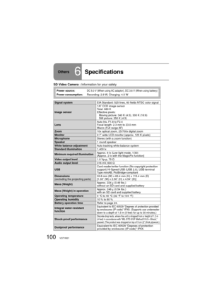 Page 100100VQT1M21
Others6Specifications
SD Video Camera : Information for your safety
Power source:DC 5.0 V (When using AC adaptor), DC 3.6 V (When using battery)
Power consumption:Recording: 2.9 W, Charging: 4.5 W
Signal systemEIA Standard: 525 lines, 60 fields NTSC color signal
Image sensor1/6˝ CCD image sensor
Total: 680 K
Effective pixels:
    Moving picture: 340 K (4:3), 300 K (16:9)
    Still picture: 350 K (4:3)
LensAuto Iris, F1.8 to F2.4
Focal length: 2.3 mm to 23.0 mm
Macro (Full range AF)
Zoom10x...