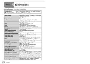 Page 106106VQT2A17107VQT2A17
Others6Specifications
SD Video Camera : Information for your safety
Power source:DC 5.0 V (When using AC adaptor), DC 3.6 V (When using battery)
Power consumption:Recording: 2.9 W, Charging: 4.5 W
Signal system EIA Standard: 525 lines, 60 fields NTSC color signal
Image sensor 1/6˝ CCD image sensor
Total: 680 K
Effective pixels:
    Moving picture: 340 K (4:3), 300 K (16:9)
    Still picture: 350 K (4:3)
Lens Auto Iris, F1.8 to F2.4
Focal length: 2.3 mm to 23.0 mm
Macro (Full range...