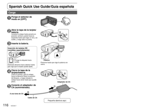 Page 11611 6VQT2A1711 7VQT2A17
para el uso rápido
Spanish Quick Use Guide/Guía española 
2Abra la tapa de la tarjeta/
batería.
Levante la solapa hasta ponerla en 
posición vertical y gírela hacia la 
izquierda hasta que haga un clic y se 
suelte, y luego abra la puerta.
3Inserte la batería.
4Cierre la tapa de la 
tarjeta/batería.
Cierre la puerta y gire la solapa 
hacia la derecha hasta la posición 
de bloqueo, y luego empuje la 
solapa hacia atrás hasta que quede 
plana.
1Ponga el selector de 
modo en [OFF]....