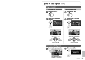 Page 11911 8VQT2A1711 9VQT2A17
Spanish Quick Use Guide/Guía española  para el uso rápido (cont.) 
1Póngalo en [].
2
Inicio de grabación.
3Parada de grabación.
1Póngalo en [].
2
Toma de imagen.
 Imágenes en movimiento Imágenes fijas
1Póngalo en [].
2
Seleccione la escena 
deseada.
Inicio/Pausa de diaporamasVuelve al paso 
2A l a  
escena 
siguiente
A

 la 
escena 
anterior
 Imágenes en movimiento Imágenes fijas
Reproducción
Borrado de imágenes
Grabación
1Póngalo en [].
2
Seleccione la escena 
deseada....