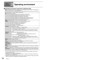Page 7676VQT2A1777VQT2A17
With a 
computer
3Operating environmentA computer with the specifications below is required to use this software\
.
 Operating environment required for VideoCam SuitePC IBM® PC/AT compatible personal computer with an Intel® Pentium® 1.0 GHz or higher 
CPU (including compatible CPU)
(When using Playback function and the MPEG2 conversion function, Intel® Pentium® 4 
1.8 GHz or higher is recommended.)
OS Preinstalled
Microsoft® Windows Vista® Home Basic or Service Pack 1
Microsoft®...