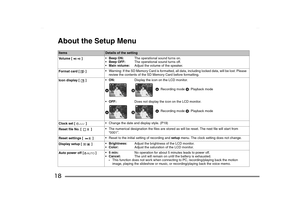 Page 18
18About the Setup MenuItems 
Details of the setting
Vo l u m e  [ ] 
Beep ON: The operational sound turns on.
 Beep OFF: The operational sound turns off.
 Main volume: Adjust the volume of the speaker.
Format card [ ]  Warning: If the SD Memory Card is formatted, all data, including locked data, will be lost. Please 
review the contents of the SD Memory Card before formatting.
Icon display [ ] 
ON: Display the icon on the LCD monitor.
A: Recording mode  B: Playback mode
 OFF: Does not display the...