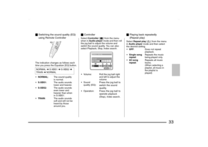 Page 33
33
_Switching the sound quality (EQ) 
using Remote ControllerThe indication changes as follows each 
time you press the Equalizer [EQ] button.
_ ControllerSelect  Controller  [ ] from the menu 
when in  Audio player  mode and then roll 
the jog ball to adjust the volume and 
switch the sound quality. You can also 
select Playback, Stop, Index search.
_ Playing back repeatedly
(Repeat play)Select  Repeat play  [ ] from the menu 
in  Audio player  mode and then select 
the desired setting.
NORMAL  l...