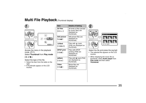 Page 35
35
Multi File Playback
 (Thumbnail display)
1Access the menu in the playback 
mode. (P17)
Select Thumbnail  from Play mode  
[].
Select the type of the file. Select the item from the table on the  right.
 6 thumbnails appear on the LCD  monitor.
2Select the file and press the jog ball. The selected file appears on the LCD  monitor.
 When displaying the music file as  thumbnail, select  Audio player from 
Play mode  and then select 
Thumbnail .
Item
Details of Setting
All files 
[] All kinds of files...