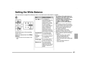 Page 41
41
Setting the White BalanceUse this function to adjust the whiteness when a recorded scene looks bluish or reddish.1Access the menu in the recording 
mode
. (P17)
Select the desired item from  White 
balance .
 Select the item from the table on the 
right. • The setting of the white balance is 
reflected to other REC mode. And it 
is retained even if the power is 
turned off. When turning the power 
on again in different lighting 
conditions, set the white balance 
again.
 When taking a picture with...