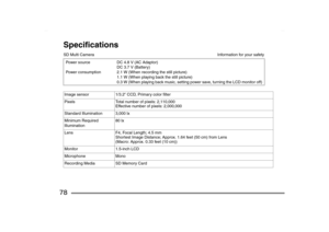 Page 78
78SpecificationsSD Multi Camera  Information for your safetyPowe r  s ou r ce
Power consumption DC 4.8 V (AC Adaptor)
DC 3.7 V (Battery)
2.1 W (When recording the still picture)
1.1 W (When playing back the still picture)
0.3 W (When playing back music, setting power save, turning the LCD monitor off)Image sensor 1/3.2
q CCD, Primary color filter
Pixels Total number of pixels: 2,110,000 Effective number of pixels: 2,000,000
Standard Illumination 3,000 lx
Minimum Required 
Illumination 80 lx
Lens F4,...