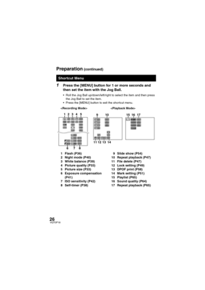 Page 2626VQT0P18
1Press the [MENU] button for 1 or more seconds and 
then set the item with the Jog Ball.
 Roll the Jog Ball up/down/left/right to select the item and then press 
the Jog Ball to set the item.
 Press the [MENU] button to exit the shortcut menu.
Shortcut Menu
400400
AUTOAUTO01010OFFOFFAUTOAUTO1001002002002
1
400AUTO02
2016016OFFOFF
1600160012801280
HDTVHDTV
640640
A AWB
234 5
678910
11 13 1412
ALLALL
OFFOFFOFFOFF
SDSD
0
OFFOFFNORMALNORMALS-XBS1-XBS1S-XBS2-XBS2TRAINTRAIN
15 1716
OFFOFF
1 Flash...