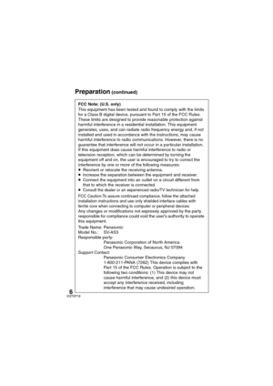 Page 66VQT0P18
FCC Note: (U.S. only)
This equipment has been tested and found to comply with the limits 
for a Class B digital device, pursuant to Part 15 of the FCC Rules. 
These limits are designed to provide reasonable protection against 
harmful interference in a residential installation. This equipment 
generates, uses, and can radiate radio frequency energy and, if not 
installed and used in accordance with the instructions, may cause 
harmful interference to radio communications. However, there is no...