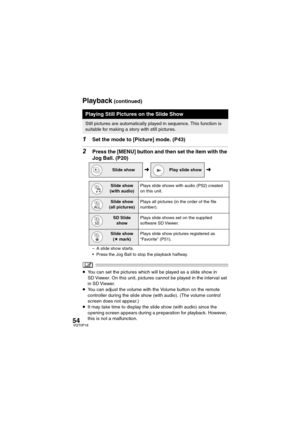 Page 5454VQT0P18
1Set the mode to [Picture] mode. (P43)
2Press the [MENU] button and then set the item with the 
Jog Ball. (P20)
– A slide show starts.
 Press the Jog Ball to stop the playback halfway.
≥You can set the pictures which will be played as a slide show in 
SD Viewer. On this unit, pictures cannot be played in the interval set 
in SD Viewer.
≥You can adjust the volume with the Volume button on the remote 
controller during the slide show (with audio). (The volume control 
screen does not appear.)...