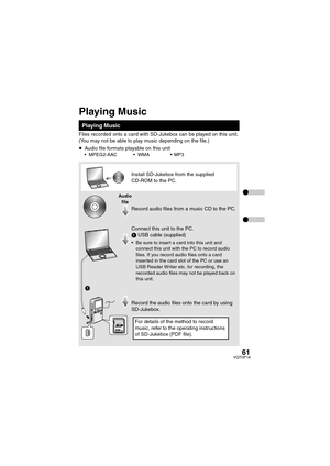 Page 6161VQT0P18
Files recorded onto a card with SD-Jukebox can be played on this unit.
(You may not be able to play music depending on the file.)
≥Audio file formats playable on this unit
MPEG2-AAC WMA MP3
Playing Music
1
Install SD-Jukebox from the supplied 
CD-ROM to the PC.
For details of the method to record 
music, refer to the operating instructions 
of SD-Jukebox (PDF file). Record audio files from a music CD to the PC.
Connect this unit to the PC.
1 USB cable (supplied)
 Be sure to insert a card...