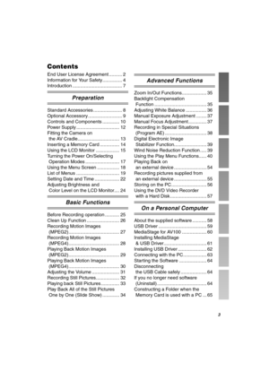 Page 3P
`çåíÉåíë
End User License Agreement .......... 2
Information for Your Safety............... 4
Introduction ...................................... 7
mêÉé~ê~íáçå
Standard Accessories ...................... 8
Optional Accessory .......................... 9
Controls and Components ............. 10
Power Supply ................................. 12
Fitting the Camera on 
the AV Cradle................................ 13
Inserting a Memory Card ............... 14
Using the LCD Monitor .................. 15...